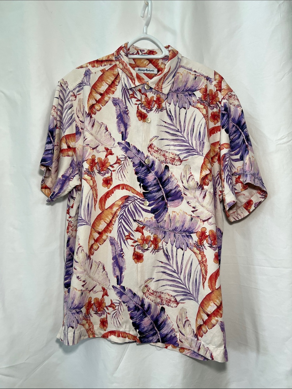 Tommy Bahama Tropical Leaf Short-Sleeve Silk Shirt - Cream, Purple & Orange